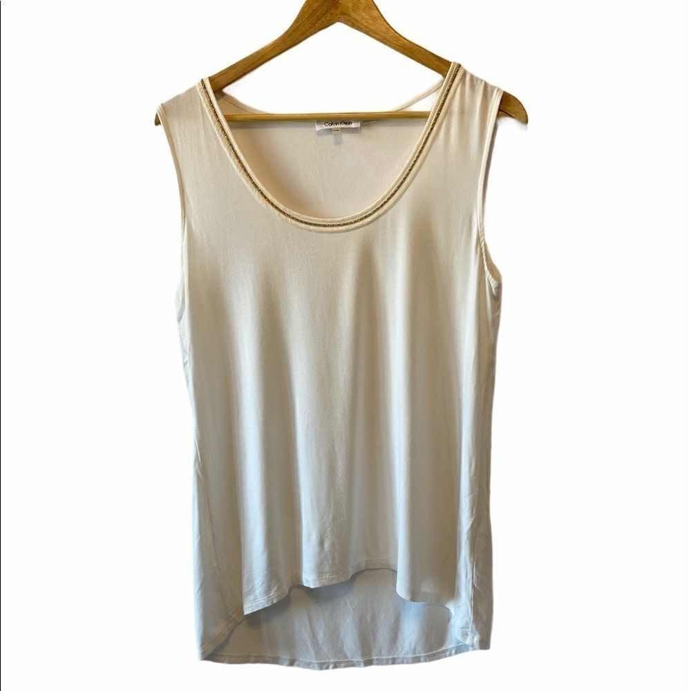 Calvin Klein Tank Top L Ivory White Sleeveless Tunic Gold Trim Scoop Neck